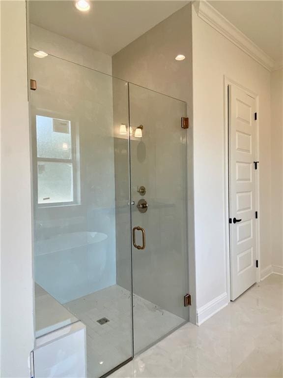 1337 Avenue Lacroix Ave, Lacroix, Covington, LA 70433 - full bath featuring crown molding, a shower stall, baseboards, and recessed lighting