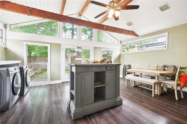 4819 Touro St, New Orleans, LA 70122 - kitchen with washer and clothes dryer, gray cabinetry, dark wood-type flooring, beamed ceiling, and ceiling fan