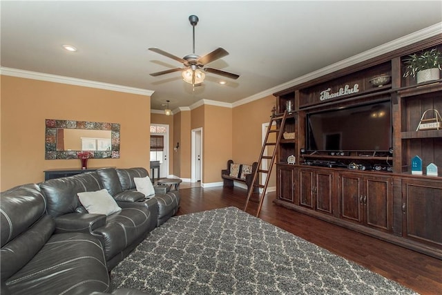422 Scotch Pine Dr, Ponchatoula, LA 70454 - living room with a ceiling fan, dark wood finished floors, crown molding, baseboards, and recessed lighting