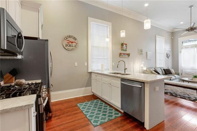 1355 Columbus St, New Orleans, LA 70116 - kitchen with stainless steel appliances, ornamental molding, dark wood finished floors, a ceiling fan, and white cabinetry