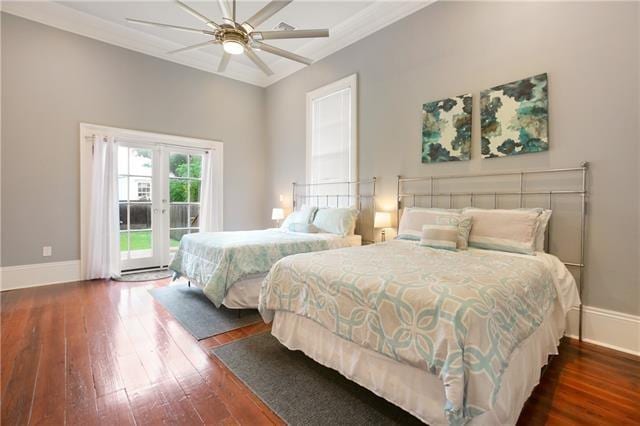 1355 Columbus St, New Orleans, LA 70116 - bedroom with hardwood / wood-style flooring, access to exterior, french doors, ornamental molding, and ceiling fan