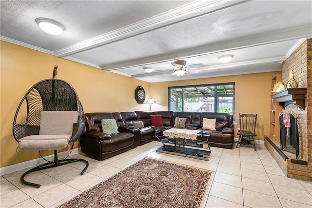 65 Monterrey Dr, Kenner, LA 70065 - living area with light tile patterned floors, a brick fireplace, ornamental molding, beam ceiling, and a textured ceiling