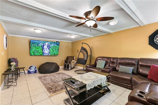 65 Monterrey Dr, Kenner, LA 70065 - living room featuring light tile patterned floors, a ceiling fan, baseboards, and ornamental molding