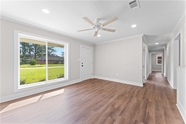 602 Susan Dr, Hammond, LA 70403 - empty room with crown molding, wood finished floors, recessed lighting, a ceiling fan, and baseboards