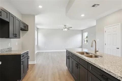 4021 N Rocheblave St, New Orleans, LA 70117 - kitchen with a sink, light wood-style floors, ceiling fan, baseboards, and recessed lighting