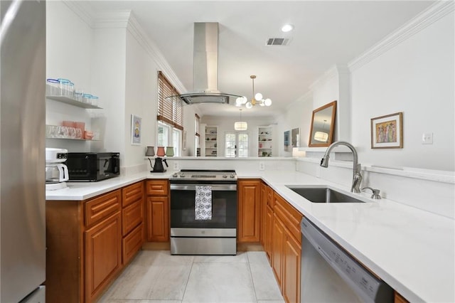 304 Henry Clay Ave, New Orleans, LA 70118 - kitchen with appliances with stainless steel finishes, island exhaust hood, a sink, brown cabinets, and crown molding