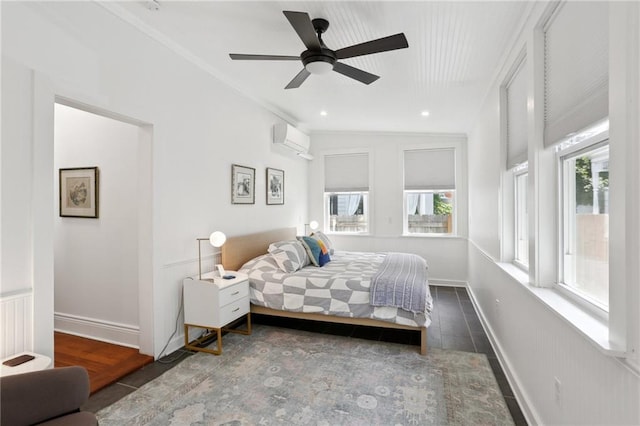 304 Henry Clay Ave, New Orleans, LA 70118 - bedroom featuring a wall unit AC, ceiling fan, and crown molding
