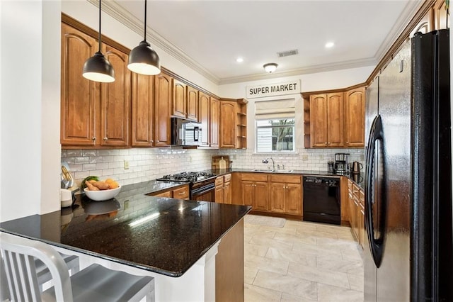 228 Shady Pond Ln, Covington, LA 70435 - kitchen featuring black appliances, a peninsula, a sink, brown cabinets, and crown molding