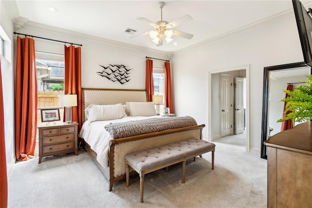 228 Shady Pond Ln, Covington, LA 70435 - bedroom featuring multiple windows, ornamental molding, light colored carpet, baseboards, and a ceiling fan