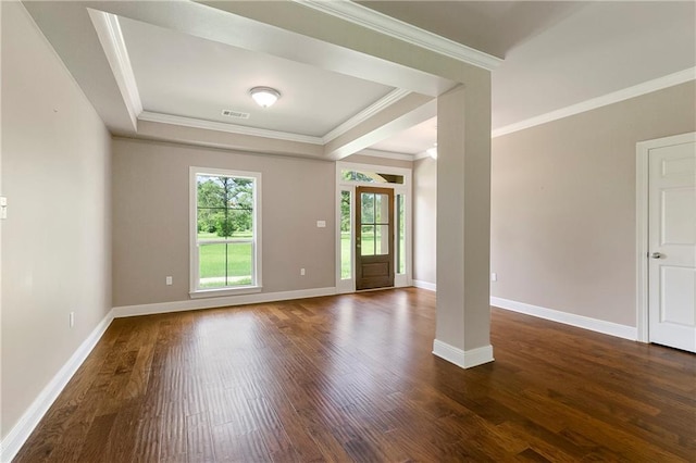 15488 Lake Ramsey Rd, Covington, LA 70435 - unfurnished room featuring dark wood-style floors, crown molding, baseboards, and a raised ceiling