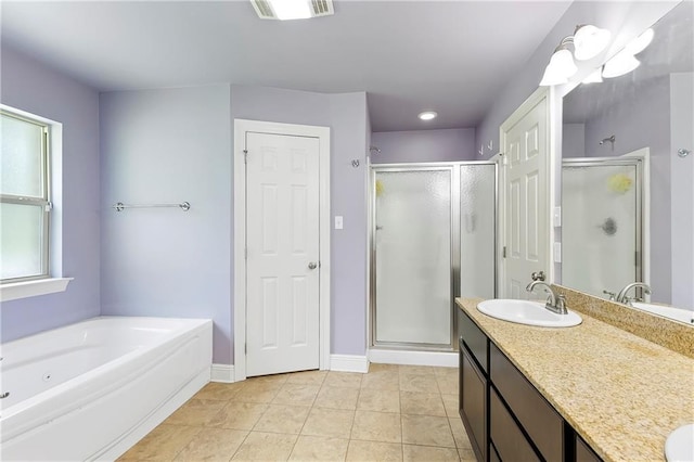 15488 Lake Ramsey Rd, Covington, LA 70435 - full bath with a stall shower, double vanity, a bath, and recessed lighting