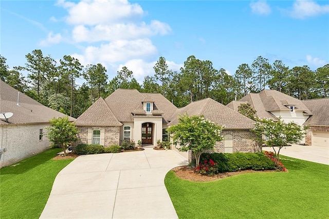596 Blue Heron Ln, Madisonville, LA 70447 - french country home with driveway, french doors, a front yard, and brick siding