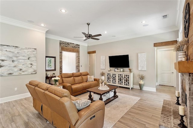 596 Blue Heron Ln, Madisonville, LA 70447 - living room with baseboards, ceiling fan, ornamental molding, recessed lighting, and light wood-type flooring