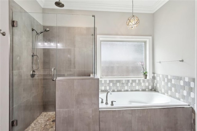 596 Blue Heron Ln, Madisonville, LA 70447 - full bathroom featuring a shower stall, crown molding, and a bath