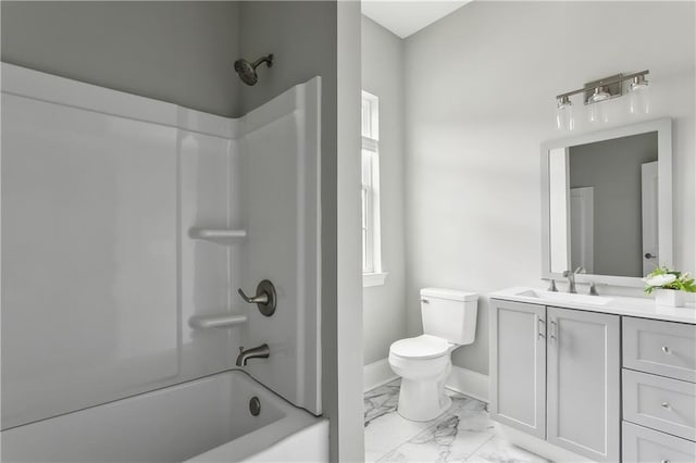 1827-29 Frenchmen St, New Orleans, LA 70116 - bathroom with marble look tiles, vanity, shower / bath combination, toilet, and baseboards