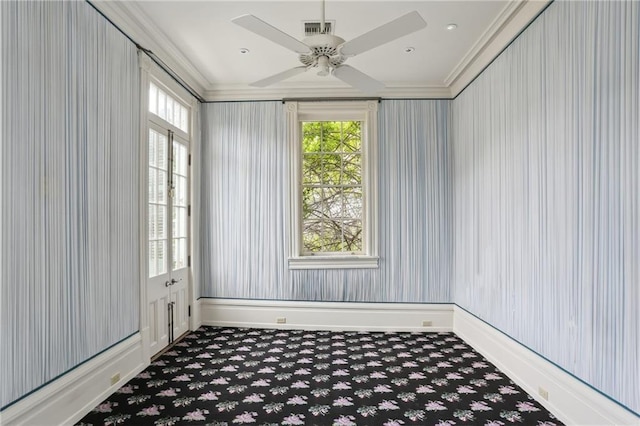 1138-1140 Chartres St, New Orleans, LA 70116 - carpeted empty room with healthy amount of natural light, a ceiling fan, crown molding, and baseboards