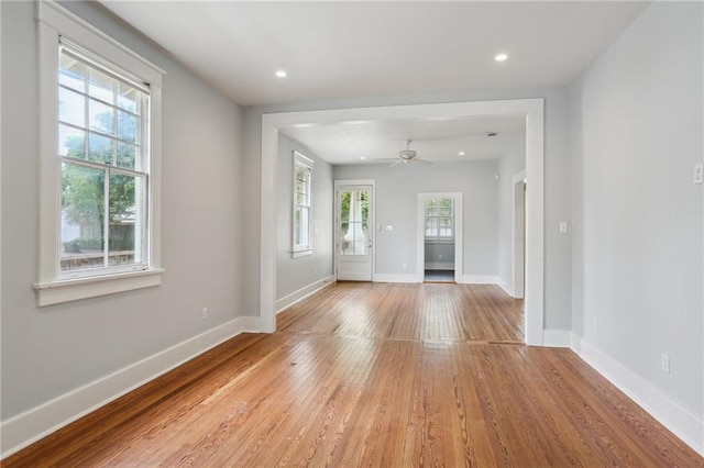 4198 Dumaine St, New Orleans, LA 70119 - empty room featuring light wood-style flooring, baseboards, ceiling fan, and recessed lighting