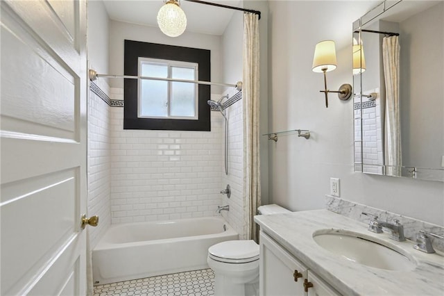 4198 Dumaine St, New Orleans, LA 70119 - full bathroom featuring vanity, shower / tub combo with curtain, toilet, and tile patterned flooring