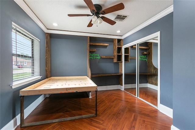 2024 Manson Ave, Metairie, LA 70001 - bedroom featuring baseboards, crown molding, a textured ceiling, ceiling fan, and recessed lighting