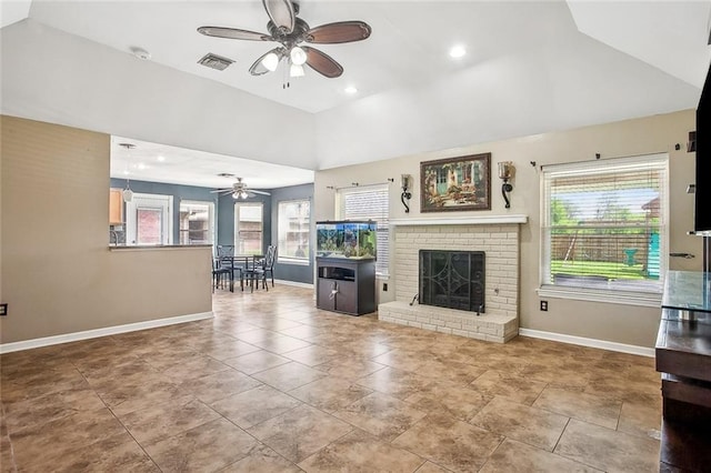 255 Wilson Ln, Belle Chasse, LA 70037 - living room featuring ceiling fan, baseboards, lofted ceiling, plenty of natural light, and recessed lighting