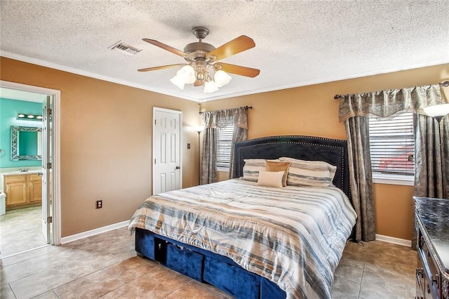 255 Wilson Ln, Belle Chasse, LA 70037 - bedroom with crown molding, baseboards, a ceiling fan, a textured ceiling, and light tile patterned flooring