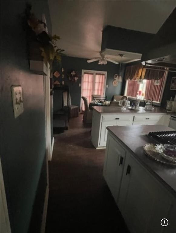 3867 N Teak Ave, New Orleans, LA 70131 - kitchen featuring white cabinetry, ceiling fan, a peninsula, and dark colored carpet