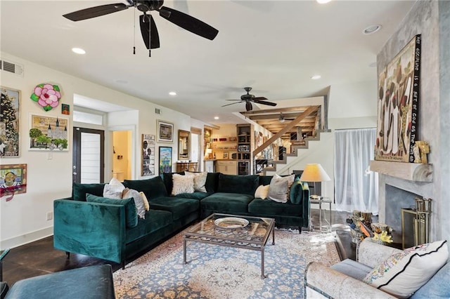 1141 Allen Toussaint Blvd, New Orleans, LA 70124 - living area featuring a ceiling fan, stairway, a high end fireplace, recessed lighting, and baseboards