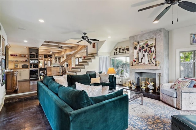 1141 Allen Toussaint Blvd, New Orleans, LA 70124 - living area with a ceiling fan, stairs, a large fireplace, beverage cooler, and recessed lighting