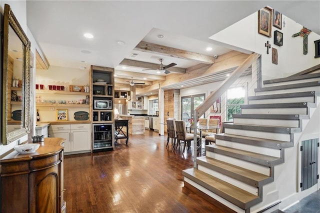 1141 Allen Toussaint Blvd, New Orleans, LA 70124 - dining area featuring beverage cooler, stairs, dark wood finished floors, a ceiling fan, and beam ceiling