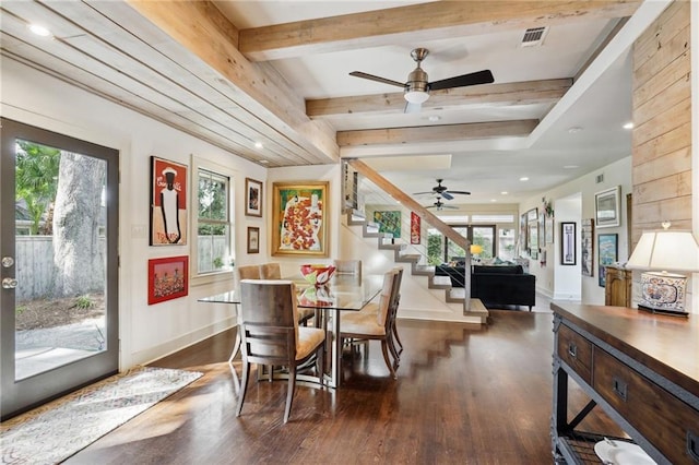 1141 Allen Toussaint Blvd, New Orleans, LA 70124 - dining area with a ceiling fan, dark wood-style flooring, stairs, beamed ceiling, and baseboards