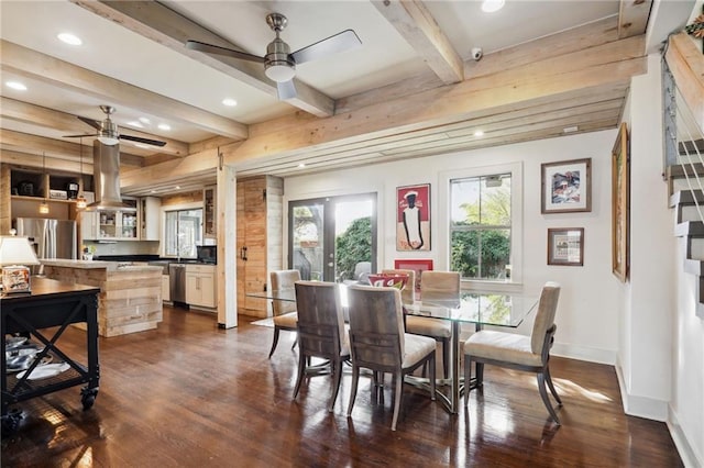 1141 Allen Toussaint Blvd, New Orleans, LA 70124 - dining area featuring a ceiling fan, dark wood-style floors, baseboards, beam ceiling, and recessed lighting