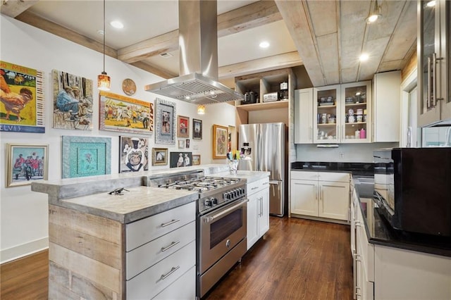 1141 Allen Toussaint Blvd, New Orleans, LA 70124 - kitchen featuring stainless steel appliances, island exhaust hood, dark wood-type flooring, glass insert cabinets, and white cabinets