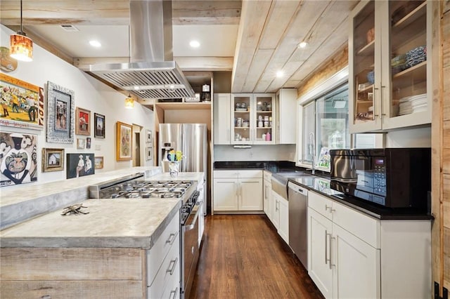1141 Allen Toussaint Blvd, New Orleans, LA 70124 - kitchen with appliances with stainless steel finishes, island exhaust hood, dark wood-type flooring, a sink, and decorative light fixtures