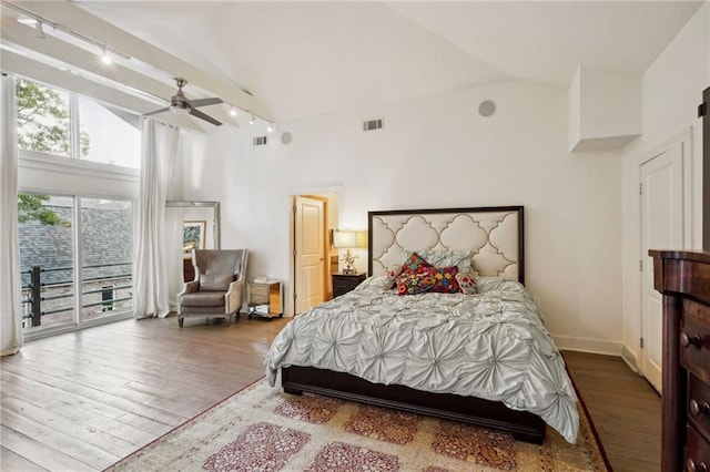 1141 Allen Toussaint Blvd, New Orleans, LA 70124 - bedroom featuring high vaulted ceiling, access to outside, wood finished floors, track lighting, and beam ceiling
