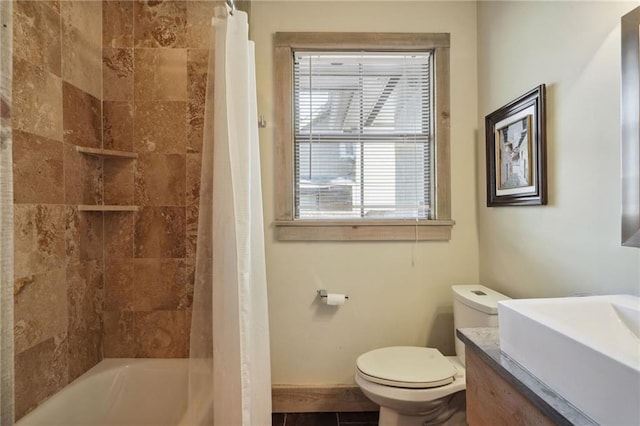 1141 Allen Toussaint Blvd, New Orleans, LA 70124 - bathroom with toilet, vanity, baseboards, and shower / tub combo with curtain