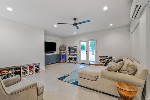231 Audubon Blvd, New Orleans, LA 70125 - living area with a wall mounted air conditioner, recessed lighting, a ceiling fan, and french doors