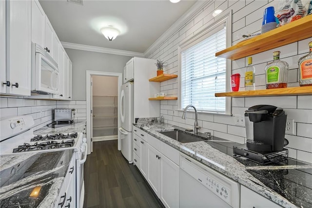231 Audubon Blvd, New Orleans, LA 70125 - kitchen featuring open shelves, white appliances, crown molding, white cabinetry, and backsplash