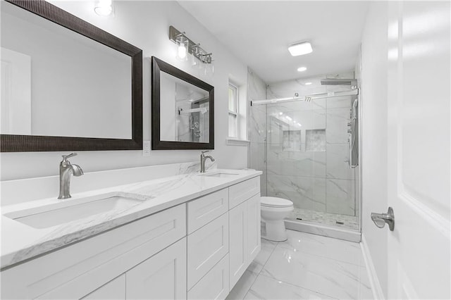 30 Normandy Dr, Kenner, LA 70065 - full bath with marble look tile flooring, toilet, a marble finish shower, double vanity, and recessed lighting