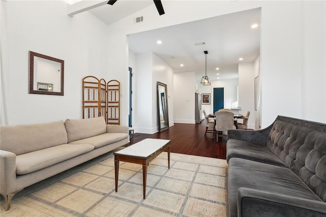 3429 Willow St, New Orleans, LA 70115 - living area featuring wood finished floors, recessed lighting, vaulted ceiling, ceiling fan, and baseboards