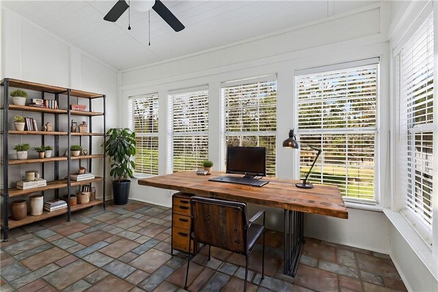 59314 Cypress Bayou Ln, Lacombe, LA 70445 - office space with stone tile floors, a ceiling fan, and healthy amount of natural light