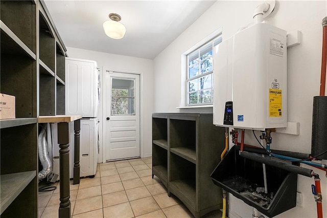59314 Cypress Bayou Ln, Lacombe, LA 70445 - kitchen featuring water heater, open shelves, plenty of natural light, and light tile patterned flooring