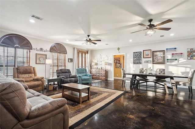 39602 E Tiger Loop, Ponchatoula, LA 70454 - living room with ceiling fan, concrete floors, recessed lighting, crown molding, and baseboards