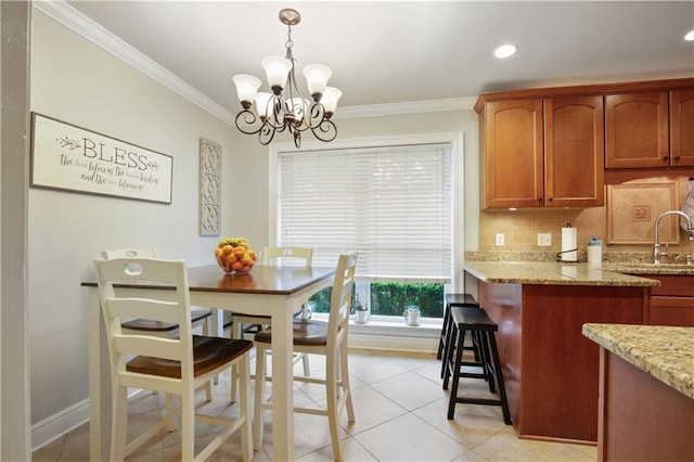 553 Manchester Dr, Slidell, LA 70461 - dining space featuring crown molding, a chandelier, light tile patterned floors, baseboards, and recessed lighting