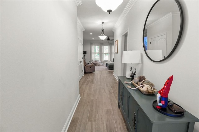 39593 Fly Creek Rd, Ponchatoula, LA 70454 - hall featuring crown molding, baseboards, light wood-style floors, and recessed lighting