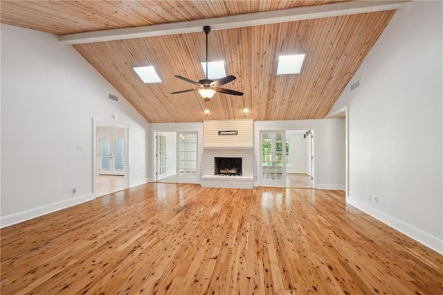 310 Scotchpine Dr, Mandeville, LA 70471 - unfurnished living room with ceiling fan, a wood ceiling with exposed beams, wood finished floors, high vaulted ceiling, and a fireplace