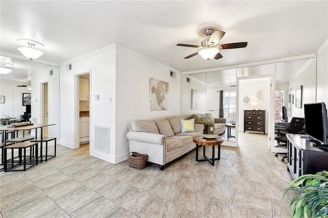 732 Cherokee St Unit 302, New Orleans, LA 70118 - living room featuring a ceiling fan, a desk, ornamental molding, and baseboards