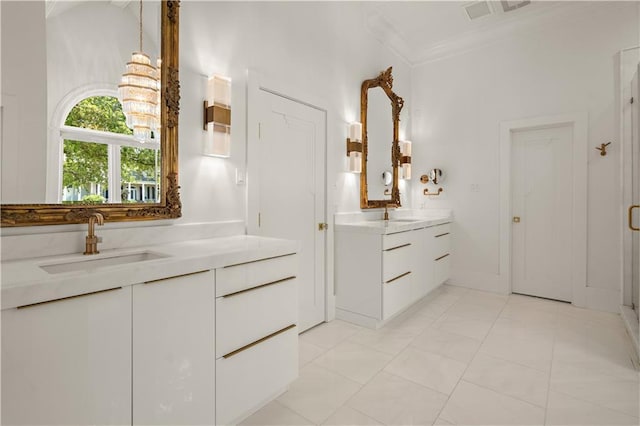 139 Fontainbleau Dr, Mandeville, LA 70471 - full bath featuring two vanities, ornamental molding, and a shower stall