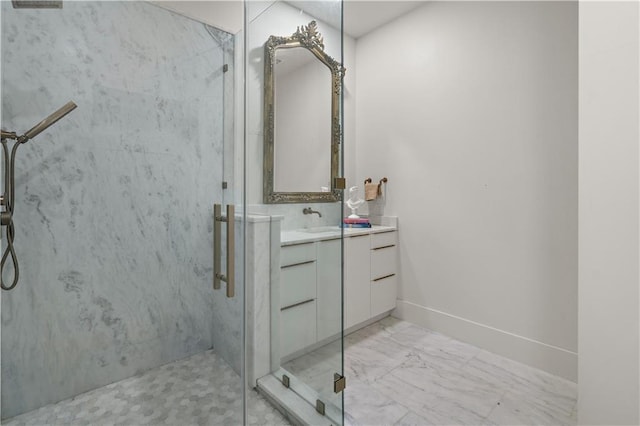 139 Fontainbleau Dr, Mandeville, LA 70471 - full bathroom featuring vanity, a marble finish shower, marble finish floors, and baseboards