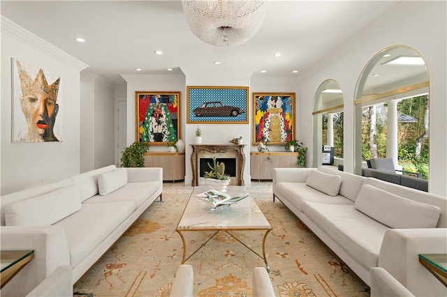 139 Fontainbleau Dr, Mandeville, LA 70471 - living area featuring ornamental molding, recessed lighting, and a fireplace
