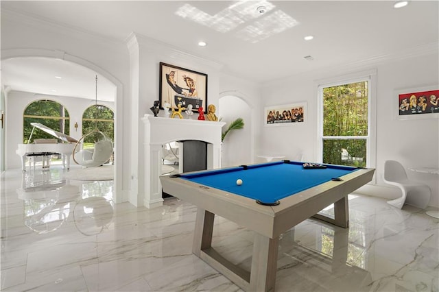 139 Fontainbleau Dr, Mandeville, LA 70471 - recreation room featuring light marble finish flooring, ornamental molding, billiards table, recessed lighting, and a fireplace
